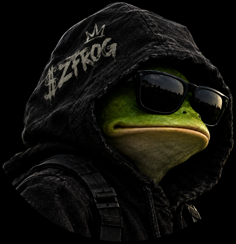 The ZFROG mascot — a green frog in a black hood wearing dark sunglasses